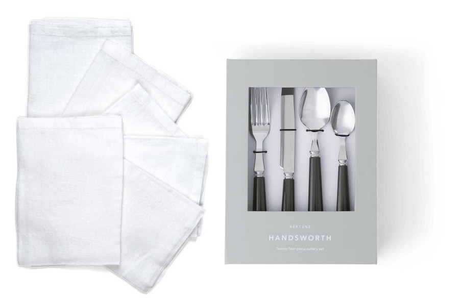 Neptune Handsworth Olive Cutlery & Emily Salt Linen Napkin Set Clearance