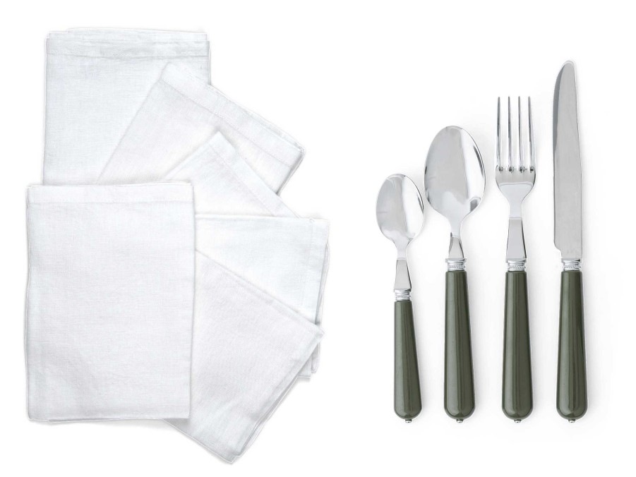 Neptune Handsworth Olive Cutlery & Emily Salt Linen Napkin Set Clearance